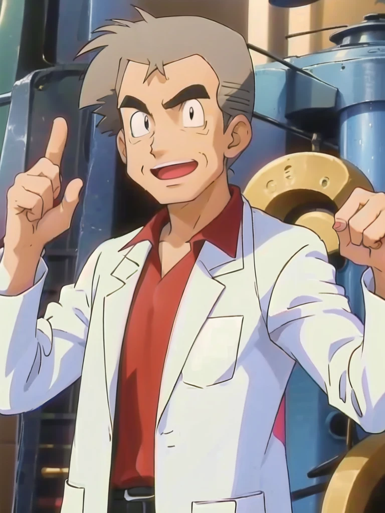 (masterpiece, best quality:1.2),1boy,solo,samuel oak \(pokemon\),upper body,black eyes,grey hair,lab coat,red shirt,looking at viewer,smile