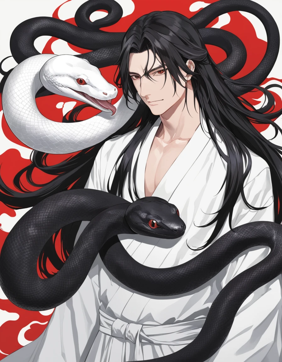 Long hair man,White snake and black snake coiled around