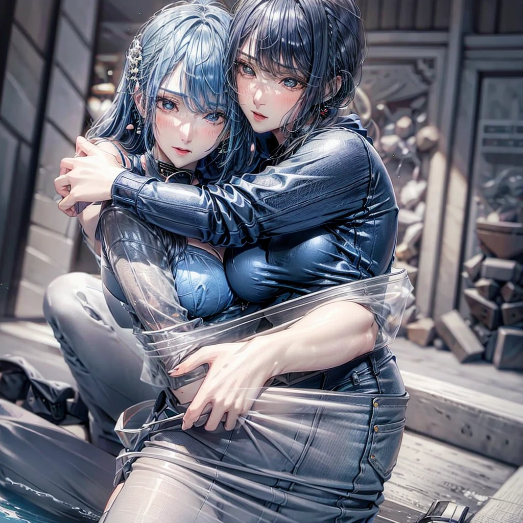 creates a realistic 3D image, a pair of male and female lovers kissing each other warmly, the man is wearing a blue hoodie, jeans, and the woman is only wearing a sexy bikini. The background is bright blue with intense light quality.