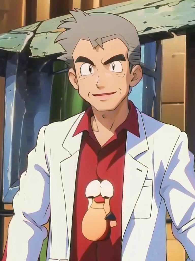 (masterpiece, best quality:1.2),1boy,solo,samuel oak \(pokemon\),upper body,black eyes,grey hair,lab coat,red shirt,looking at viewer,smile