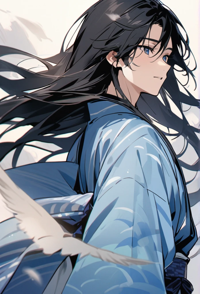 Japanese、male、Black Hair、Long Hair、Hair fluttering in the wind、Blue Kimono、Let's go together、Extend your left hand to the person on the other side of the screen、The background is pale blue