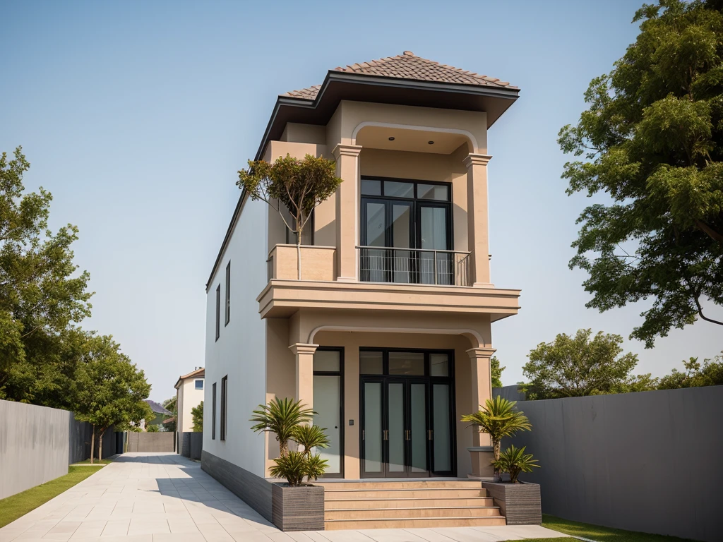 PLATFORM KTHOUSE, 1 morden villa, main material of villa about build color wall:1.2 glass panel:1.1 and stone:1.2, 1large yard, 1 road runs in front of the house, (RAW photo, real, best quality, masterpiece:1.2), look morden minimalist, blue sky :1.3, (hyper realistic, photo-realistic:1.2), high quality, (dawn lighting:1.3), perfect lighting, archdaily