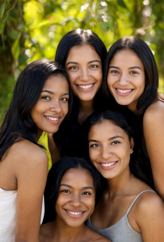 Three girls of various races, variety of skin color. Around 35 years old smile at the camera, pleasant natural environment. Natural diffused light.