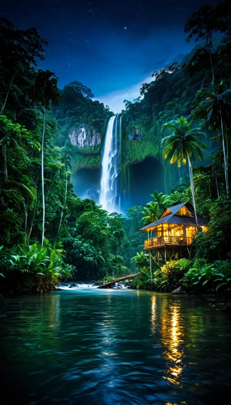nature, Ultra realistic , night time , lush tropical rainforests , big clear water river, waterfall in a distance, small hut