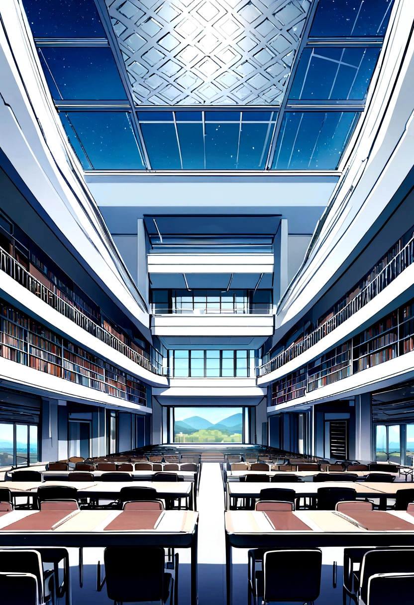 a huge luxurious elite school,It is a modern architecture.It has a glass and steel façade,The interior is impressive,with spacious classrooms, state-of-the-art laboratories,an expansive library,a large dining room and an auditorium,panoramic vision,peripheral vision,high quality,Very detailed,a huge campus,anime drawing style.