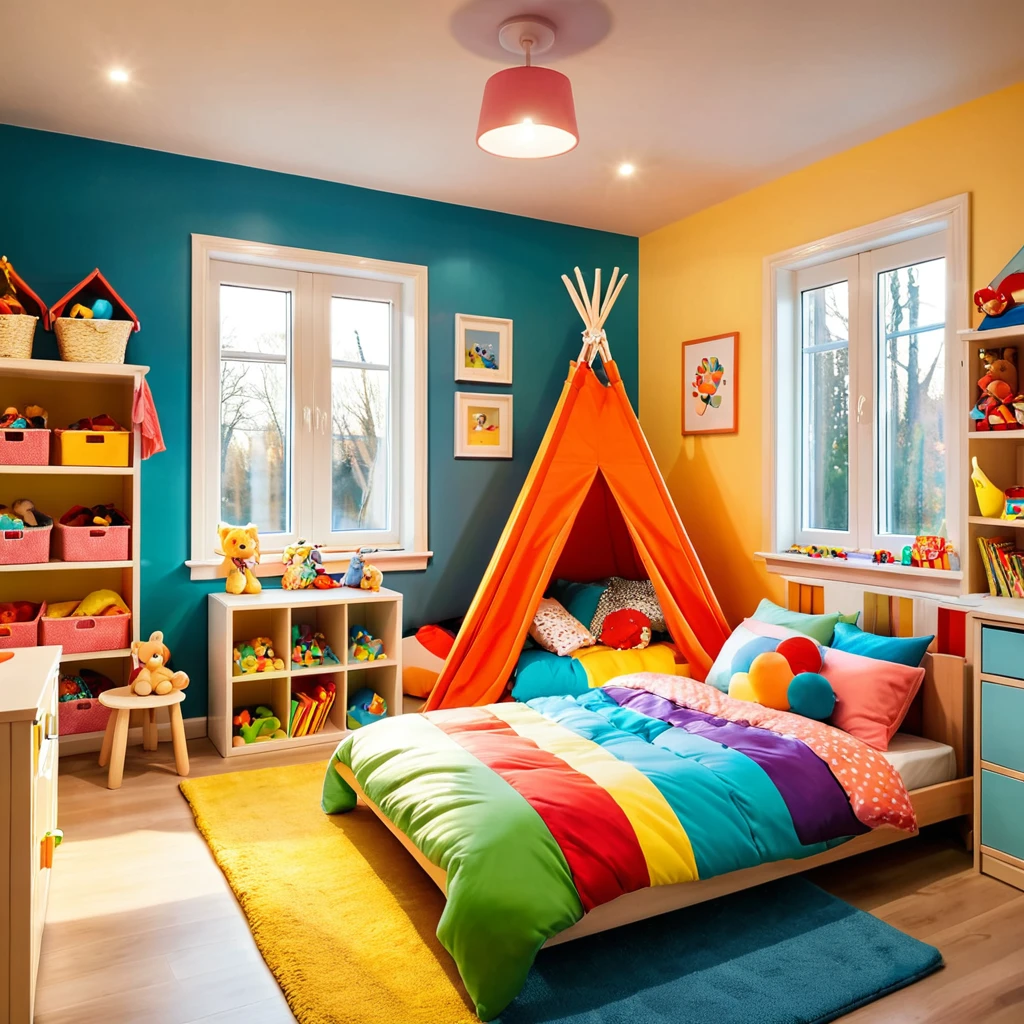 inside of a small childs toyroom, there is a bed with a colorful comforter, radiant evening light