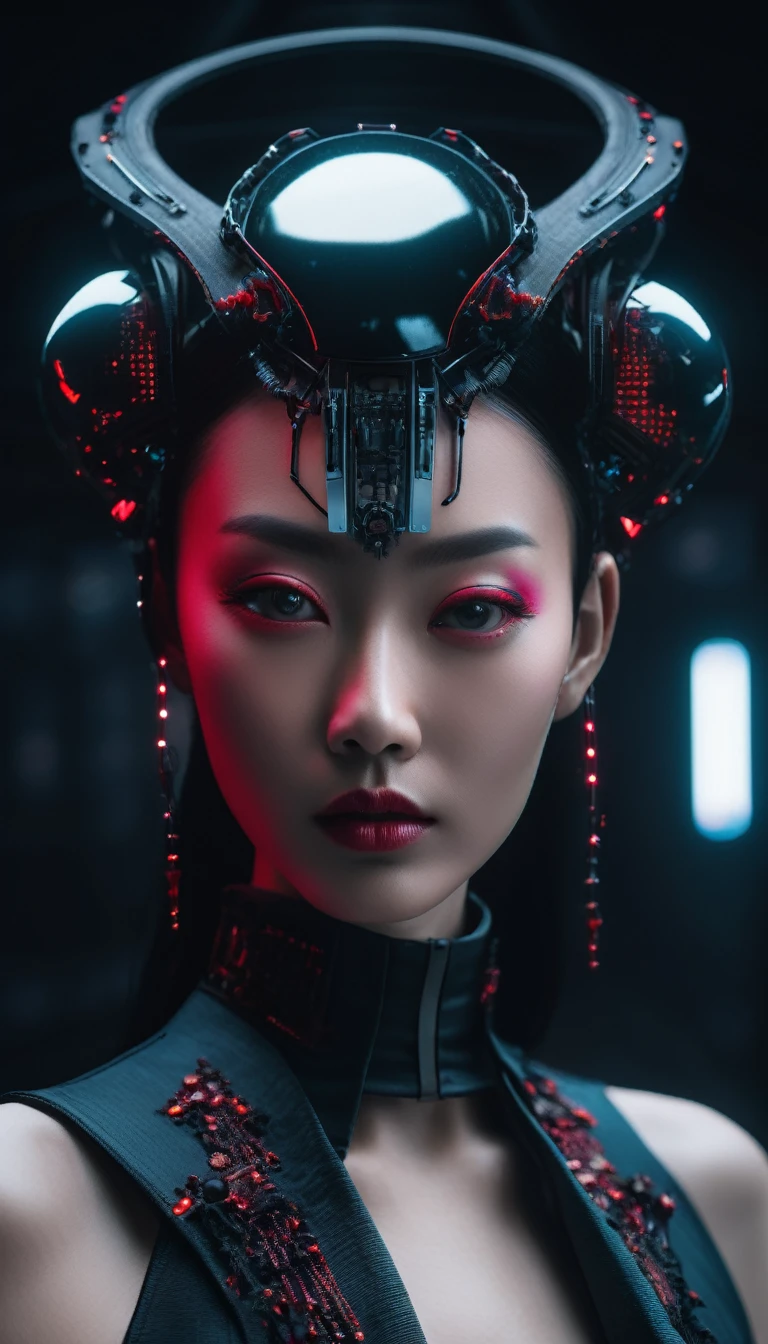 A fashion runway for alien technology , Cyberpunk fashion photography , Inspired by Chinese Xianxia and dark gothic。(Best quality,4K,8K,A high resolution,Masterpiece:1.2), (Realistic,Photorealistic,photo-realistic:1.37), rede and monochromatic.