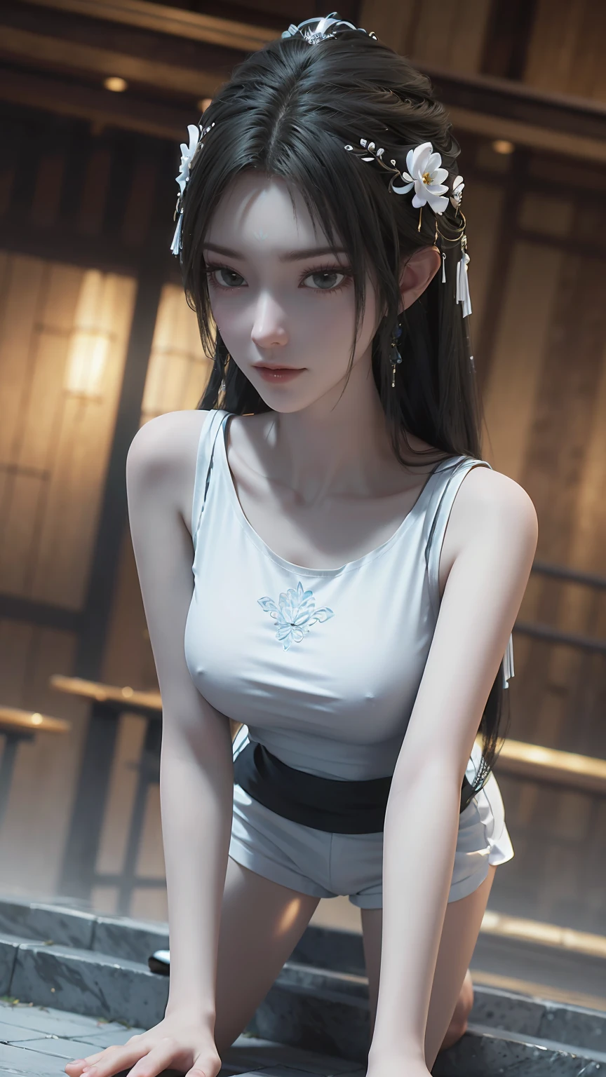 Close-up of miss wearing white mask, Beautiful character painting, Gu Weiss, Gurwitz-style artwork, Trance, author:Yang Jie, Epic and beautiful character art, Stunning character art, author:Fan Qi, by Wuzhun Shifan, pixiv Art Street Guviz, Long hair, insult, Tall and big, Long legs, (Sleeveless lace shirt), (shorts), (Striped )), ((Striped )), Walk, elegant, dignified, miss, Beautiful curves, sweet smile, Strong sense of detail and layering, Rich and colorful color, Has a unique texture, rich and colorful, color, vivid, Design Art, 16K, Very detailed, {{illustration}}, {Extremely refined}, {Exquisite surface treatment}, Very detailed, Delicate and shining eyes, {{Light}}, 极致灯Light效果, Model: realism, CFG size: 12, Laura: Bright texture (1.35), high quality, masterpiece, Exquisite facial features, Delicate hair depiction, Detailed depiction of the eyes, masterpiece, best quality, Light line tracing, Extremely detailed CG unified 8k wallpaper, masterpiece, best quality, (1 girl), Perfect body, (((tight white t shirt))), beautiful eyes, (Delicate face), Long hair, Loose hair, Light blue hairpin, in class, (White skin), (Optimal Lighting), (Super intricate details), 4K Unified, (Very detailed CG), Showing off her white legs, , Hot Pants, shorts,性感Long legs, Thin waist, Sweat is running down my waist, Showing belly, Extremely detailed depiction, Transparent clothes, Hands on thighs, 把目Light移开, 8k resolution, Raise an eyebrow, Shiny hair, flower head, Wristband, bandage,Leather sexy pose, simple grey background, Climbing towards the audience, Kitten pose, Get on all fours,