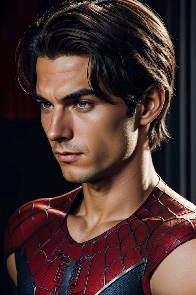 A photograph of Spider-Man., sin mascara, the 20s, elegant, detailed face, looking to the camera, portrait, 8k hd, high quality