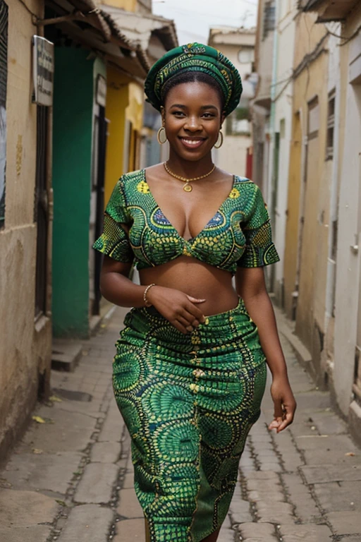 Create an image of a 23-year-old African woman, exuding happiness, dressed in a beautiful green ankara, she should be very thick and realistic . She should be walking down a street with the confidence and grace of a fashionista. The scene should be simple and capture her African heritage, reflecting her Kenyan background.