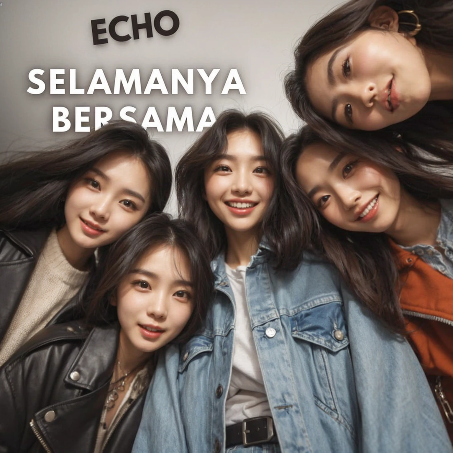 a group of Five young korean woman looking down at the camera in a playful and engaging manner. They are standing close together, forming a circle, and each person is dressed in stylish, casual outfits with a mix of denim jackets, leather jackets, and accessories like a beanie. The friends are smiling and making expressive faces, capturing a moment of camaraderie and fun. The background is minimal, focusing the attention on the group's interaction and their lively expressions