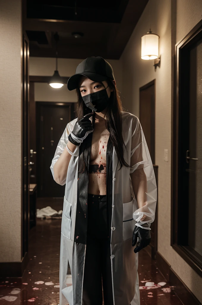 korean girl, (behind , surgical mask), blood splatter, holding knife, stabbing, gloves, room , transparent raincoat, trucker hat, holding knife, gloves, behind , very long hair, night, mass murderer, robbery, in the hotel, dark atmosphere, cinematic lighting, atmospheric realistic,
