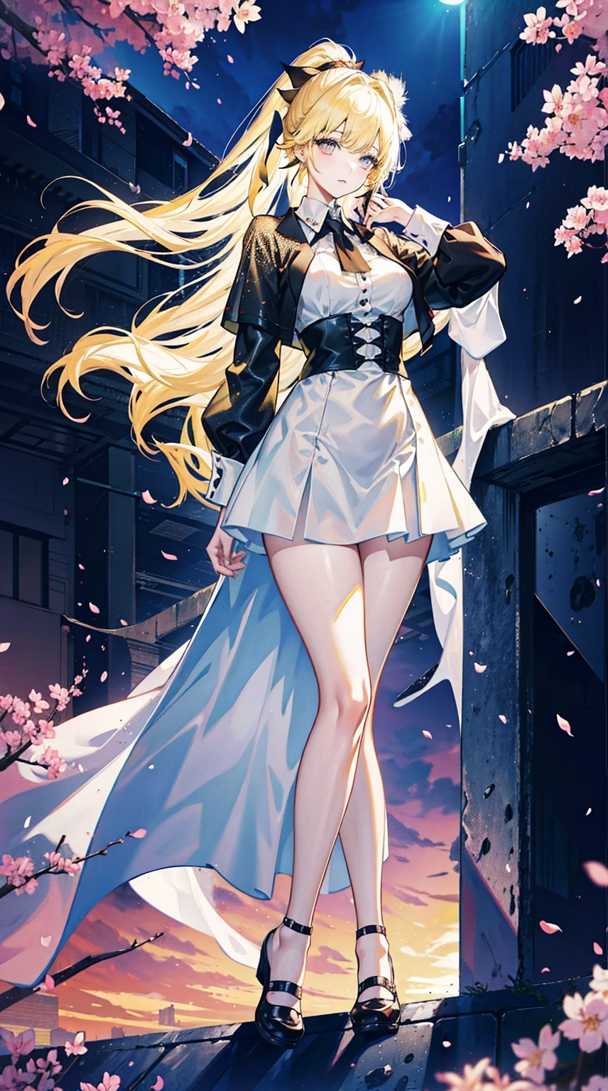 Young and beautiful Kathryn Newton, Glasses, White dress shirt, Very deep neckline, Black Mini Dress, Dark pantyhose, Surreal, 14 years old, Model figure, Large Breasts, Beautiful breasts, Big Ass, Long hair, Random Hairstyle, Blonde hair,Ponytail, Long legs, 8K, futuristic city, Cherry blossoms, sunrise, LED lighting, Anime style, ((Leaning against the wall,Sideways posture))