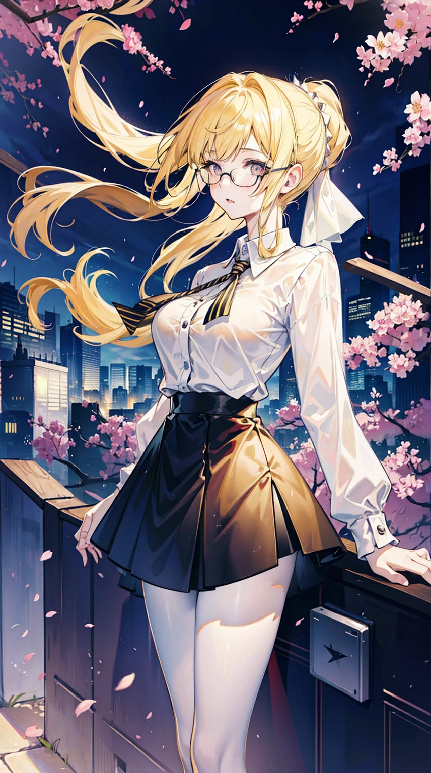 Young and beautiful Kathryn Newton, Glasses, White dress shirt, Very deep neckline, Black Mini Dress, Dark pantyhose, Surreal, 14 years old, Model figure, Large Breasts, Beautiful breasts, Big Ass, Long hair, Random Hairstyle, Blonde hair,Ponytail, Long legs, 8K, futuristic city, Cherry blossoms, sunrise, LED lighting, Anime style, ((Leaning against the wall,Sideways posture))