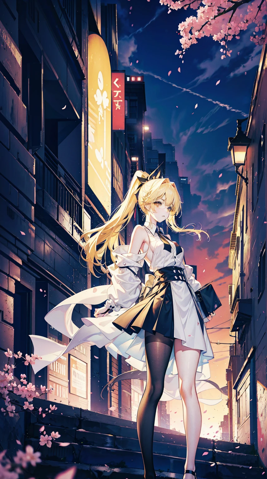 Young and beautiful Kathryn Newton, Glasses, White dress shirt, Very deep neckline, Black Mini Dress, Dark pantyhose, Surreal, 14 years old, Model figure, Large Breasts, Beautiful breasts, Big Ass, Long hair, Random Hairstyle, Blonde hair,Ponytail, Long legs, 8K, futuristic city, Cherry blossoms, sunrise, LED lighting, Anime style, ((Leaning against the wall,Sideways posture))