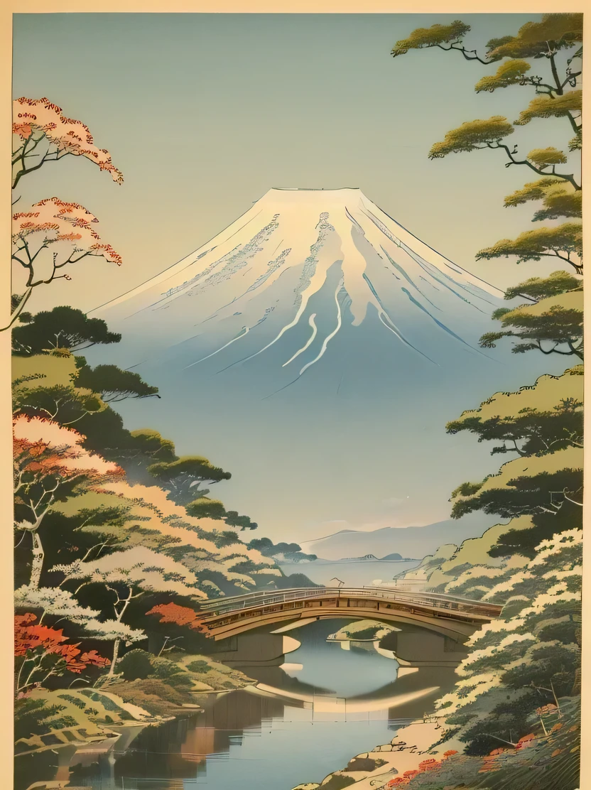 ((masterpiece、Highest quality、Very detailed、High resolution、Realistic、Sharp focus))、((No humans))、Japanese Landscape、Ukiyo-e、Outdoor、traveller、Mt. Fuji in the background、Cute Ukiyo-e