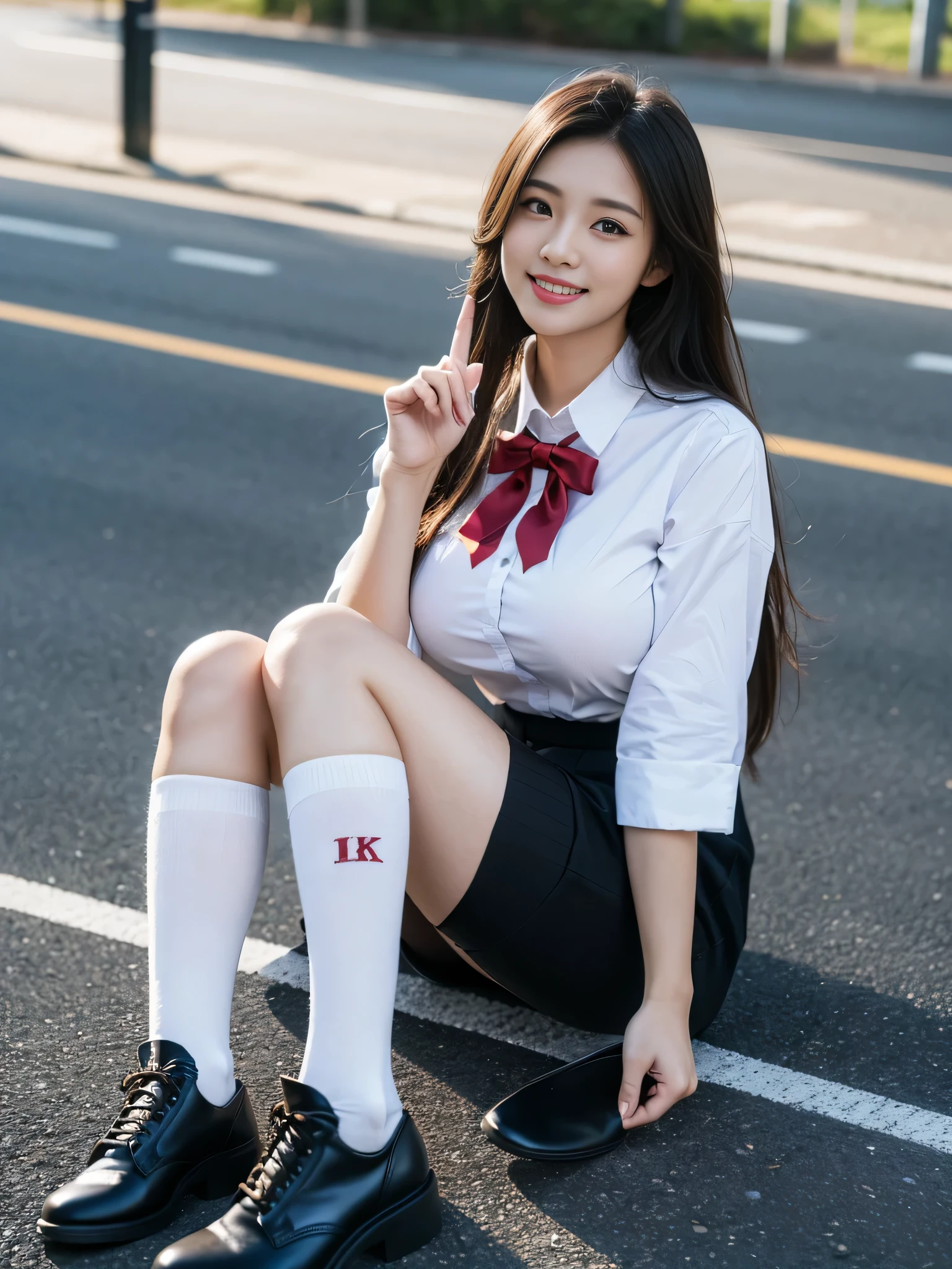 ((One girl)), ((Highest quality)), (Very detailed), (Very detailed CG synthesis 8k wallpaper), Very detailed, High-resolution RAW color photos, Professional photography, Black Hair, Long Hair、Great face and eyes、smile, (((Beautiful big breasts))), (1 stunningly beautiful girl), (((depicted in detail、Realistic finger joints)))、Depth of written boundary、Hands are clearly visible、depicted in detail、Realistic finger joints、Realistic hands and feet、Perfect anatomical detail、The knuckles of the hands and fingers are clearly visible
(((A woman in a high school uniform))), (((Japanese High 、Black knee-high socks, Leather shoes))), Narrow country roads,  Afternoon Sunshine, Walking with a smile, Hair swaying in the wind
