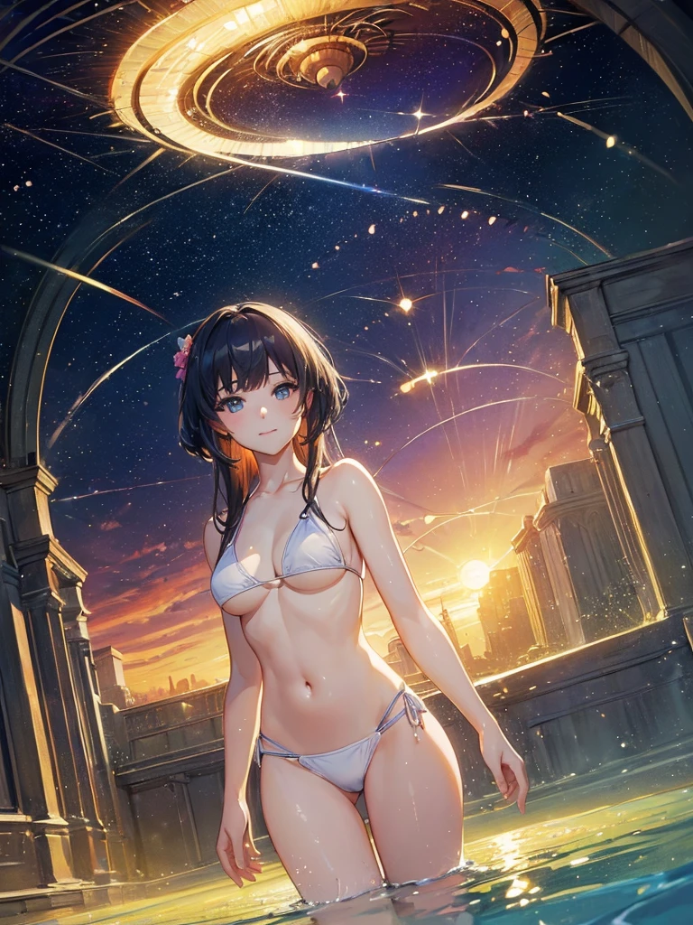 ((masterpiece, best quality:1.3)), High Definition, 8k wallpaper, (Fantastic landscape), dreamy, otherworld, galaxy, [1sexy girl:1.2], (beautiful face, A slight smile), (Straight Hair, Straight bangs), Facing the camera, (Sexy Bikini, No Clothes), light leaks, reflected in water under a sunset, 