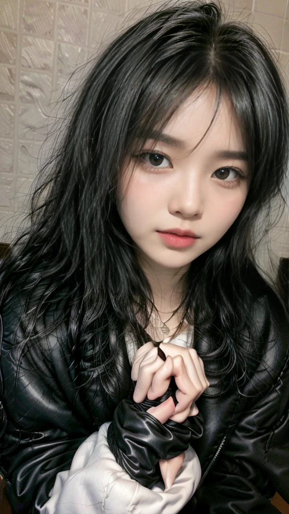 Upper body covered with black leather gloves up to the fingertips in both hands, black leather double riders open jacket, slender necklace, young and cute Japanese girl with beautiful black hair, sitting on a black leather chair facing the desk in the president's room at night, sitting on a cheek stick, big breasts, (white sexy simple bra), 4k, masterpiece