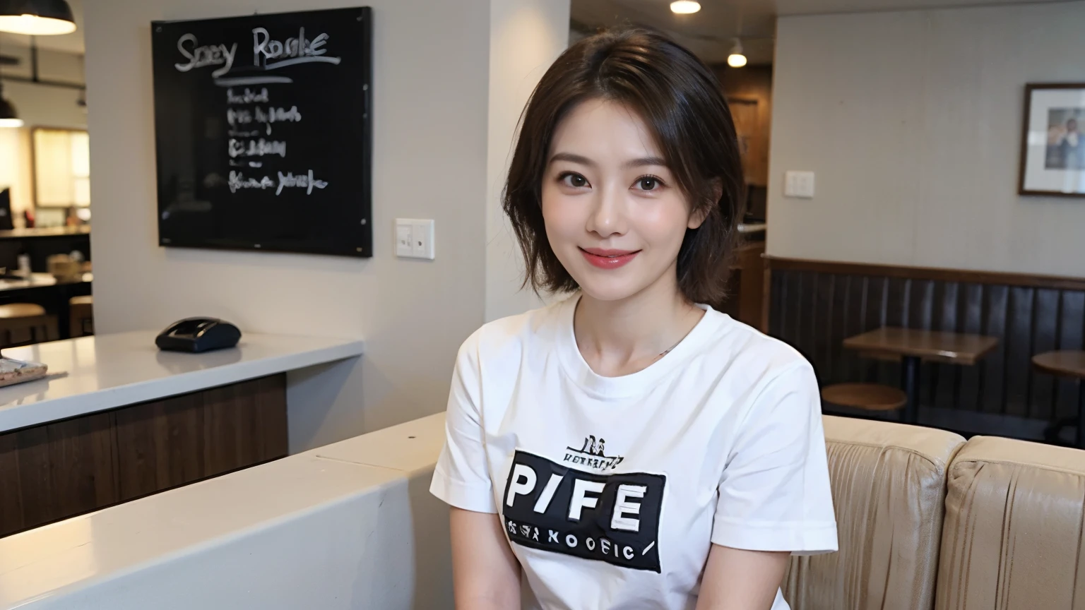 super high quality, Short Hair, Slender, Gravure photoshoot, The staff is working at the counter in the back., (8K、RAW Photos、Highest quality、masterpiece:1.2), Japanese Idol, Stylish café, The cafe is crowded with people enjoying themselves., (Realistic、Photorealistic:1.37), Bob Hair, Mesh Hair, Urban Cafe, Golden Ratio, Raw photo, Cute face , Light Brown Hair, Small breasts, Bright cafe interior, Spring Clothes, Cafe Terrace, Open Cafe, A kind smile, Hair blowing in the wind, Neat clothes, boyish, T-Shirts, 18-year-old, younger sister, Stylish clothes, 
