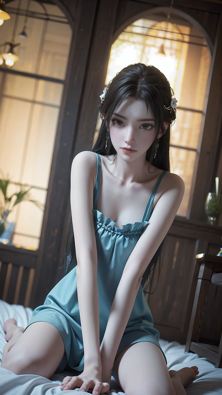 A beautiful young woman,Long hair,Wearing pajamas,Sitting on the bed,barefoot,Wearing a dress,Side-lying,Cross-legged,Full body shot,(Best picture quality,4K,8K,high-definition,excellent work:1.2),Ultra Detail,(Realistic,Realistic,Realistic:1.37),Delicate eyes,Delicate lips,Extremely detailed face and eyes,Long eyelashes,Natural light,Warm colors,Soft Focus,portrait,Chiaroscuro,Deep scene,Jade Hands,Clear fingers