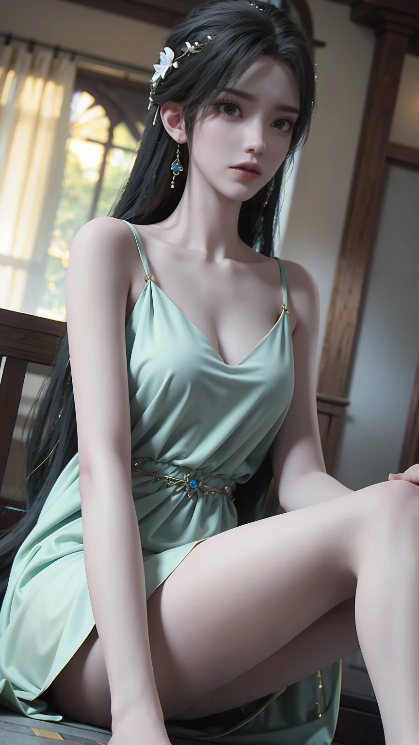 A beautiful young woman，Long hair，Wearing pajamas，Sitting on the bed，barefoot，Wearing a dress，Side-lying，Cross-legged，Full body shot，(Best picture quality，4K,8K，high-definition，excellent work:1.2)，Ultra Detail，(Realistic，Realistic，Realistic:1.37)，Delicate eyes，Delicate lips，Extremely detailed face and eyes，Long eyelashes，Natural light，Warm colors，Soft Focus，portrait，Chiaroscuro，Deep scene，Jade Hands，Clear fingers