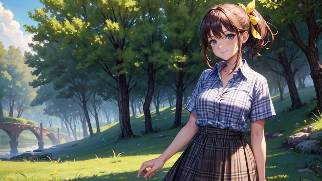1girl, solo, full body, rural landscape, village, trees, sun, clouds, fantasy, brown hair, ponytail, large breasts, button down shirt, ((blue checked shirt)), ((short sleeved shirt)), ((unbuttoned shirt)), unbuttoning buttons, shirt tied under chest, belly reveal, blue eyes, dark skirt, smile, looking at the viewer, standing, hair ribbon, golden necklate