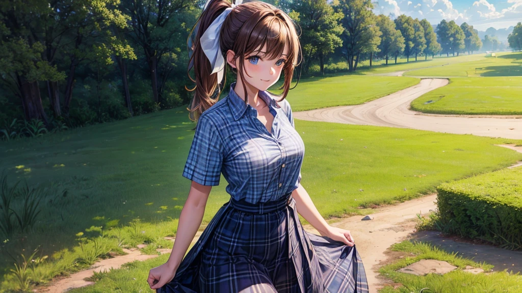 1girl, solo, full body, rural landscape, village, trees, sun, clouds, fantasy, brown hair, ponytail, large breasts, button down shirt, ((blue checked shirt)), ((short sleeved shirt)), ((unbuttoned shirt)), unbuttoning buttons, shirt tied under chest, belly reveal, blue eyes, dark skirt, smile, looking at the viewer, standing, hair ribbon, golden necklate