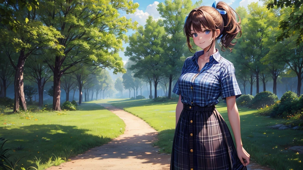 1girl, solo, full body, rural landscape, village, trees, sun, clouds, fantasy, brown hair, ponytail, large breasts, button down shirt, ((blue checked shirt)), ((short sleeved shirt)), ((unbuttoned shirt)), unbuttoning buttons, shirt tied under chest, belly reveal, blue eyes, dark skirt, smile, looking at the viewer, standing, hair ribbon, golden necklate