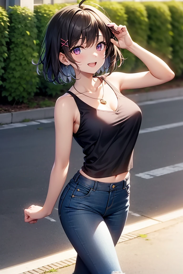 komachihikigaya, komachi hikigaya, short hair, Black Hair, hair ornaments, Ahoge, Hair Clip, x hair ornaments, (Purple eyes:1.1), tooth, happy smile, smile, Open your mouth, black tank top shirt,Locket Necklace,Skinny jeans,Stiletto heels,morning,morning陽,The sun is rising,Walking,whole bodyがイラストに入るように,
break outdoors, Building district,
break looking at viewer,whole body,
break (masterpiece:1.2), Highest quality, High resolution, unity 8k wallpaper, (figure:0.8), (Beautiful attention to detail:1.6), Highly detailed face, Perfect lighting, Highly detailed CG, (Perfect hands, Perfect ???????),