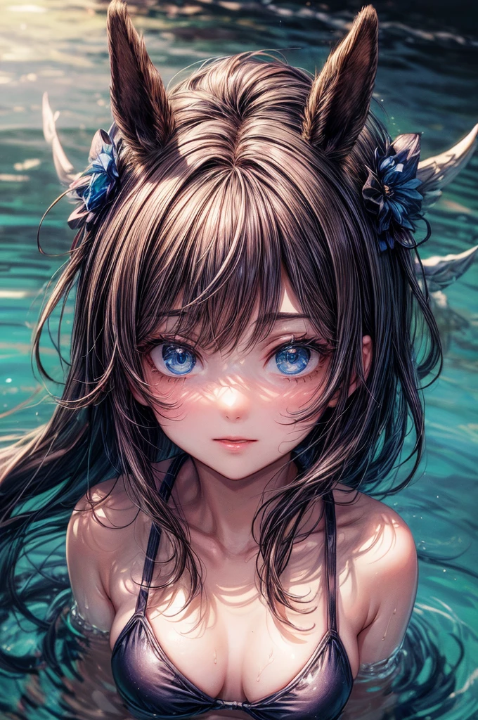 (Tabletop.Highest quality).(Dynamic Angle). (Amazingly detailed CG paintings),(Perfect Image)、Comic Strip.shape.One Girl.Detailed face、Perfect Face.Delicate face、Textured skin、Black Hair.length、(Horse-eared girl)Horse-eared girl、((Beautiful Blue Eyes)).Delicate and beautiful eyes、The eyes are detailed、Reflective Eyes、Watery eye、smile.(Gazing at the audience:1.3).(My face got a little red:0.8)、8k wallpaper、(((Cowboy Shot)))、reflected light、The finest details、Complex、Delicate background、Textured skin、Detailed skin、Swimwear, ((カラフルなSwimwear))