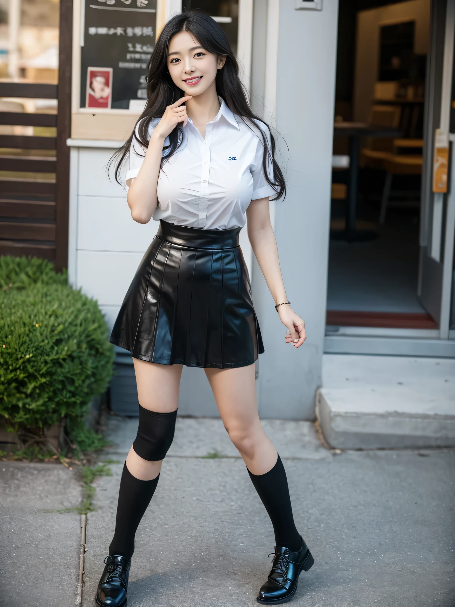 ((One girl)), ((Highest quality)), (Very detailed), (Very detailed CG synthesis 8k wallpaper), Very detailed, High-resolution RAW color photos, Professional photography, Black Hair, Long Hair、Great face and eyes、smile, (((Beautiful big breasts))), (A stunningly beautiful girl is walking), (((depicted in detail、Realistic finger joints)))、Depth of written boundary、Hands are clearly visible、depicted in detail、Realistic finger joints、Realistic hands and feet、Perfect anatomical detail、The knuckles of the hands and fingers are clearly visible
(((A woman in a high school uniform))), (((Japanese High 、Black knee-high socks, Leather shoes))), In front of a fashionable café, Afternoon Sunshine, Walking with a smile, Hair swaying in the wind