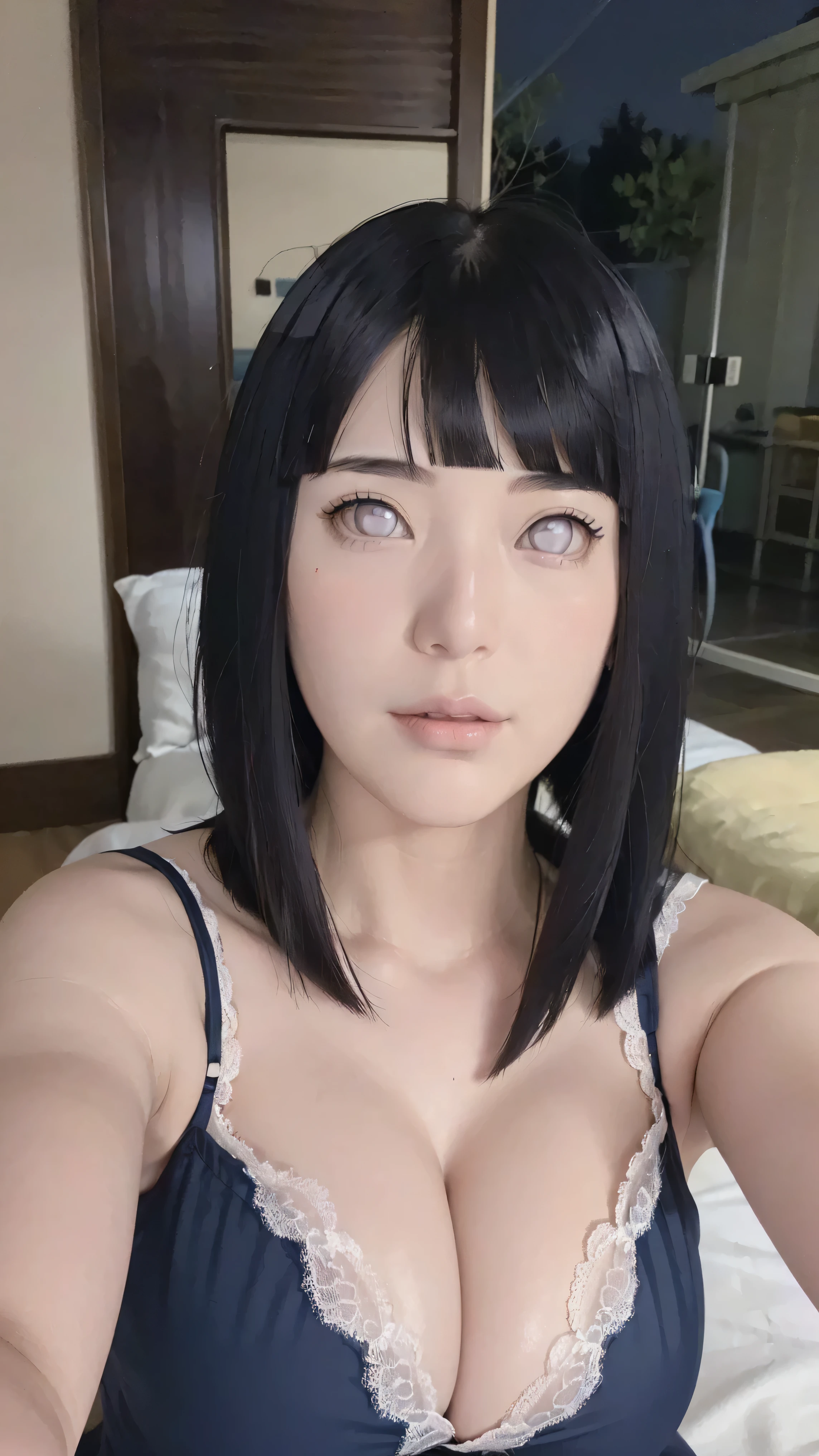 masterpiece, hinata\(boruto\), 1girl, mature women, (((Lace ribbon Cotton Nightdress))), (((selfie))), (((Close-up photo))), (((cleavage))), (((Closed Clothing))), (((big breasts))), (((big round breasts))), (((round breasts))), (((extremely heavy breasts))), (((Colossal tits))), (((heavy breasts))), (((plump breasts))), (((super big breasts))), (((super round breasts))), (((perfect breasts))), (((night))), (((bokeh photos))), (shy face), detailed lips, beautiful face, blush, (pink lips), (((long hair))), white eyes, gentle gaze, smile, super realistic, detailed, realistic face and body, realistic hair, realistic eyes, realistic nose, realistic lips, seductive pose, (((straight bangs))), (dark blue hair), 28 year old girl