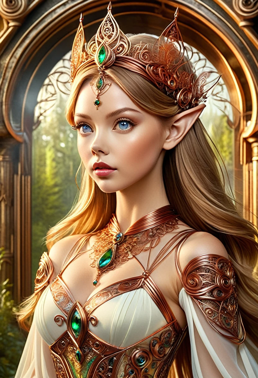Steampunk elven princess. copper wire necklaces and bangles. Crown of fine copper wire. copper coloured tatoos cover her face and body intricate and beautiful designs. LArge pointed ears that end in curlicues. Hands on hips. Ember colored eyes adorned with intricate copper wireing. a Pure white dress, hemmed with copper, covered in copper lace and filligree. cppper designs cover the skirt in a kaleidoscope of intricate copper designs. Background is and elven castle at one with a verdant forrest. Her visage is a mesmerizing blend of Alison-Brie, Scarlett-Johansson, and Dove-Cameron, creating a unique, symmetrical face that exudes elegance and grace.
