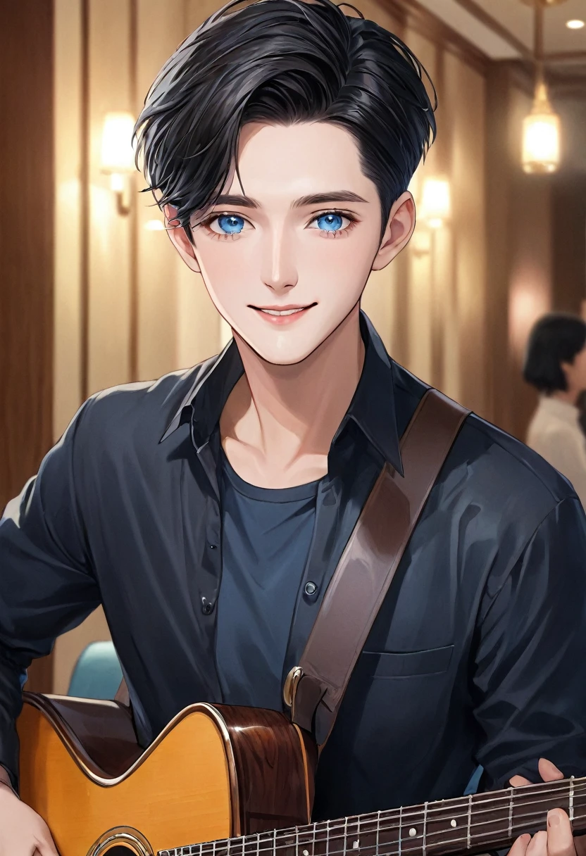 Masterpiece, คุณpictureสูงสุด, realistic, 1 person, mature man, A quiet and charming young man, 30 years old, smile, gag, pictureเหมือน, Highly detailed face, ((blue eyes)), ((black short hair)),handsome man ,Short hair Quiff Hairstyle,black short hair,blue eyes, Handsome guitarist playing wooden guitar(Clear and perfect facial features)picture,The background is a perfect hotel scene lighting art., beautifully, pictureประกอบที่ซับซ้อน, art concept Masterpiece of art, คุณpictureดีที่สุด, Awesome details, HD