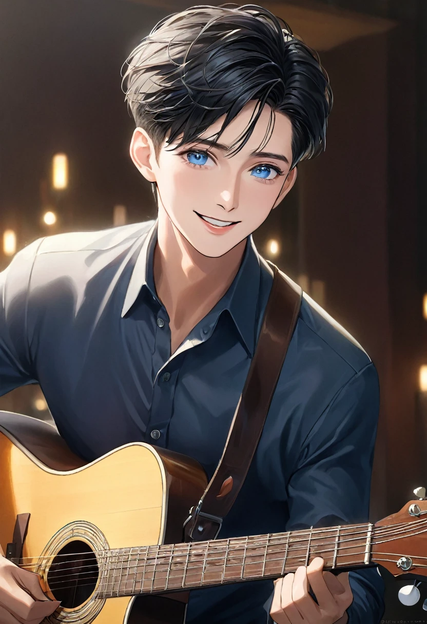 Masterpiece, คุณpictureสูงสุด, realistic, 1 person, mature man, A quiet and charming young man, 30 years old, smile, gag, pictureเหมือน, Highly detailed face, ((blue eyes)), ((black short hair)),handsome man ,Short hair Quiff Hairstyle,black short hair,blue eyes, Handsome guitarist playing wooden guitar(Clear and perfect facial features)picture,The background is a perfect hotel scene lighting art., beautifully, pictureประกอบที่ซับซ้อน, art concept Masterpiece of art, คุณpictureดีที่สุด, Awesome details, HD
