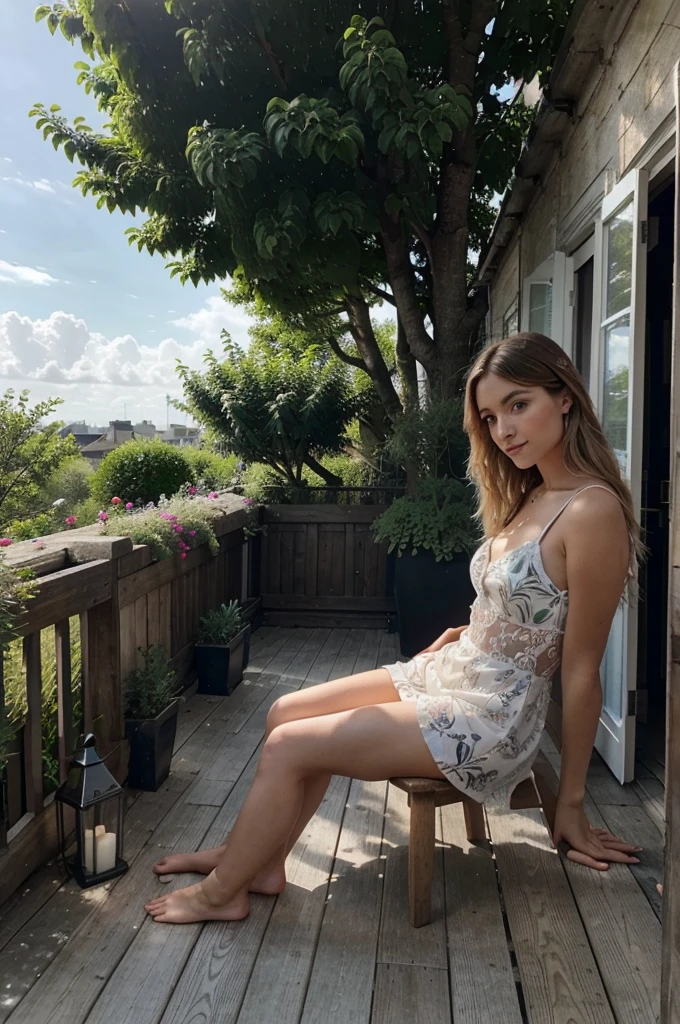 Créez une image d'une jeune femme américaine très jolie, avec une peau très réaliste et des cheveux blonds et bruns. Elle se trouve sur une terrasse, vêtue d'une élégante robe noire. Cette image est destinée à être partagée sur Instagram. Le paysage de la terrasse est très bien détaillé : La terrasse est spacieuse, avec un sol en bois de teck bien entretenu. Elle est décorée de plantes en pot, incluant des fougères, des palmiers et des fleurs colorées. En arrière-plan, on peut voir une vue panoramique sur la ville, avec des gratte-ciel modernes, des bâtiments historiques et une ligne d'horizon qui se fond dans un ciel bleu clair parsemé de quelques nuages blancs. Une balustrade en fer forgé orne les bords de la terrasse, ajoutant une touche élégante. Il y a un mobilier de terrasse chic : une table en verre avec des chaises confortables, quelques coussins colorés, et une lampe à huile pour l'éclairage nocturne. Quelques oiseaux volent dans le ciel, et on peut apercevoir des toits de maisons en contrebas, recouverts de tuiles rouges. Ce prompt met en avant la beauté naturelle et le réalisme de la jeune femme, tout en capturant l'atmosphère sophistiquée et détaillée de la terrasse, idéale pour une publication sur Instagram.