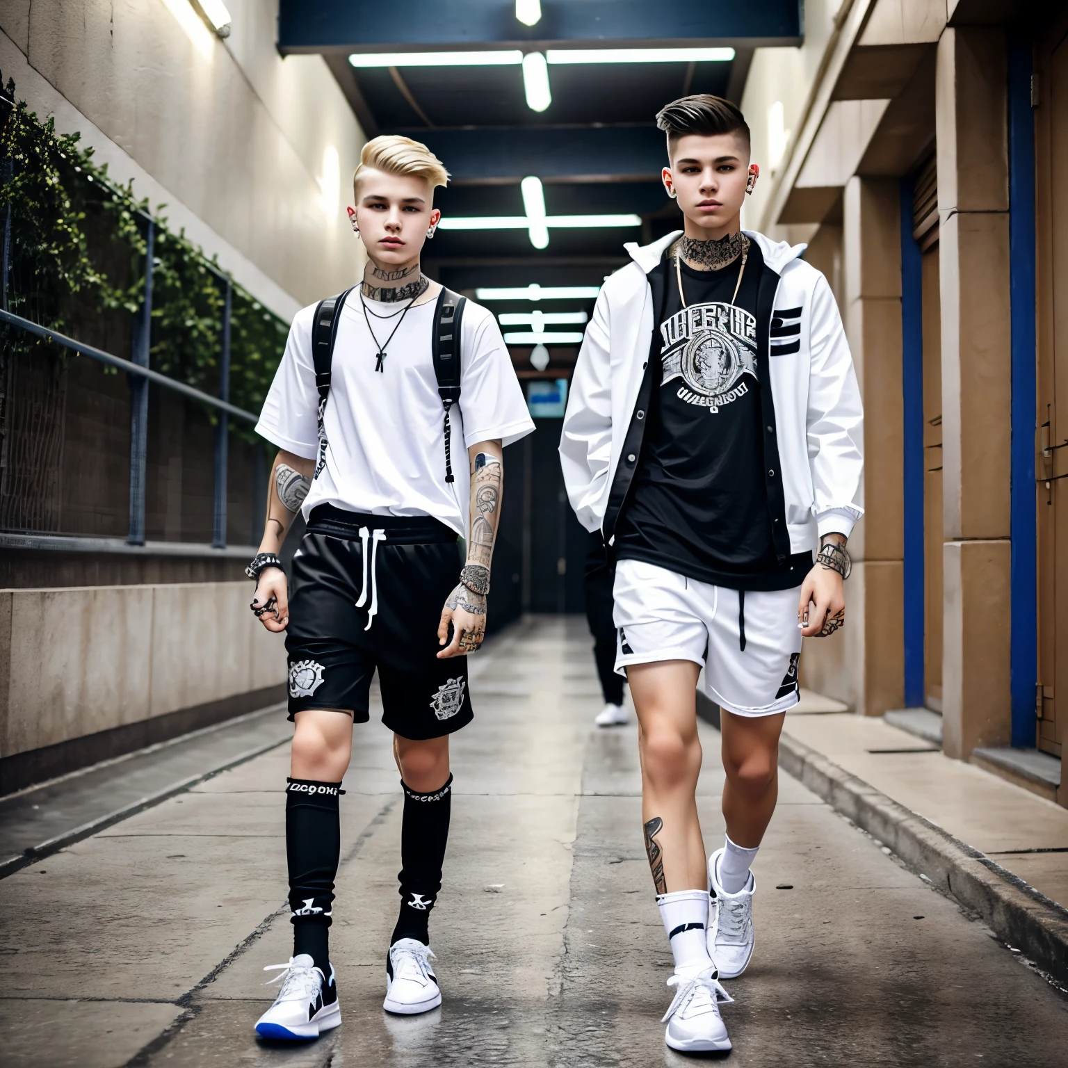 over-pierced young white boy with dozens and dozens of piercings, with hyper-stylish undercut haircut, hyper-stylish clothes and socks and sneakers, in high-school corridors