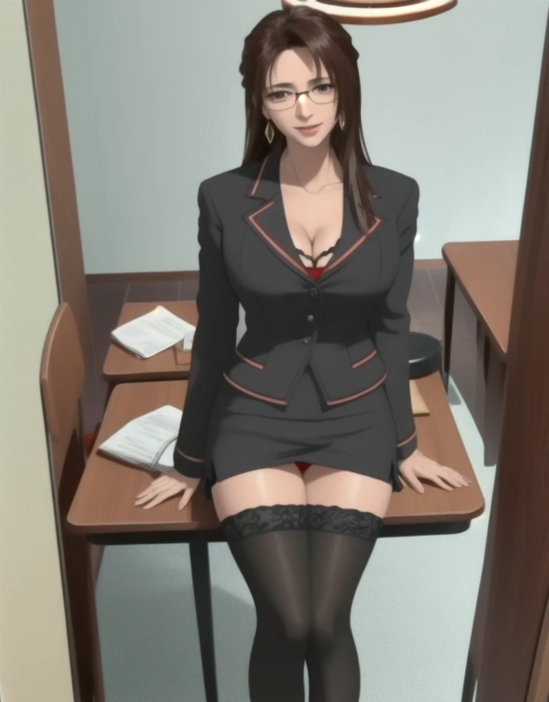 (high quality:1.1), Cinema Lighting, Highly detailed, blooming,
Izumi, Mature Woman, teacher, A girl, alone, Sitting at a table, window, Cowboy Shot, Red outfit,
Look at your audience, beautiful eyes, charming smile, blush, Open your mouth,
Light brown hair, long straight hair, Hair lift, Single hair swallow, Big eyes, Green eyes, compensation, Glasses, jewelry, Earrings,
Slit Skirt Suit, (black knee socks:1.1), underwear,
Big Breasts, Cleavage, Thighs, Long Legs, Underwear
Complicated and intricate room background, Day, Day光, Cityscape,