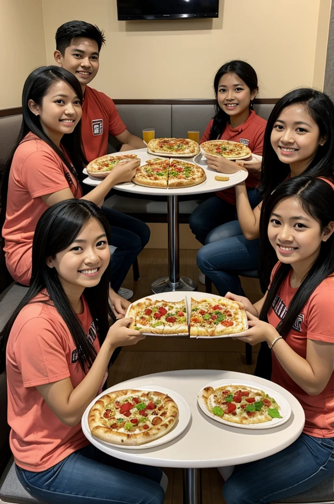 Ask for a picture of a group of Thai friends happily eating Hawaiian pizza at Pizza Hut.