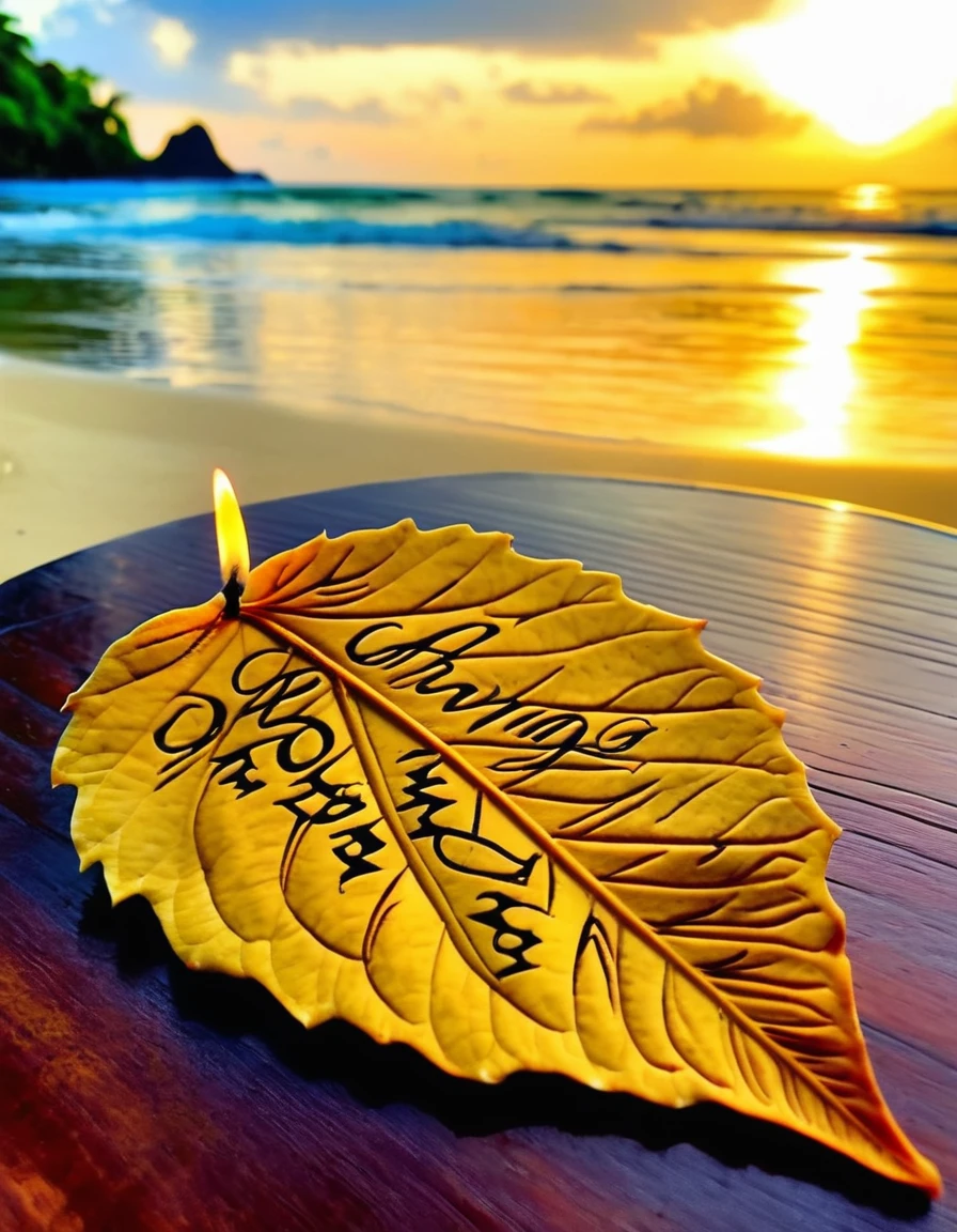 Good morning....Create a dead leaf with a batik print and carve it into a name. "Good morning" in a glass on the table with various fruits Very romantic near the beach Beautiful morning, candlelight, sun rising from the horizon. Wine makes a lot of bright backgrounds on the edge of the ocean, the yellow color is very beautiful, there are batik patterns carved on the leaves, Candle Script letters, hyper-realistic HDR Ultra Reality, 16K