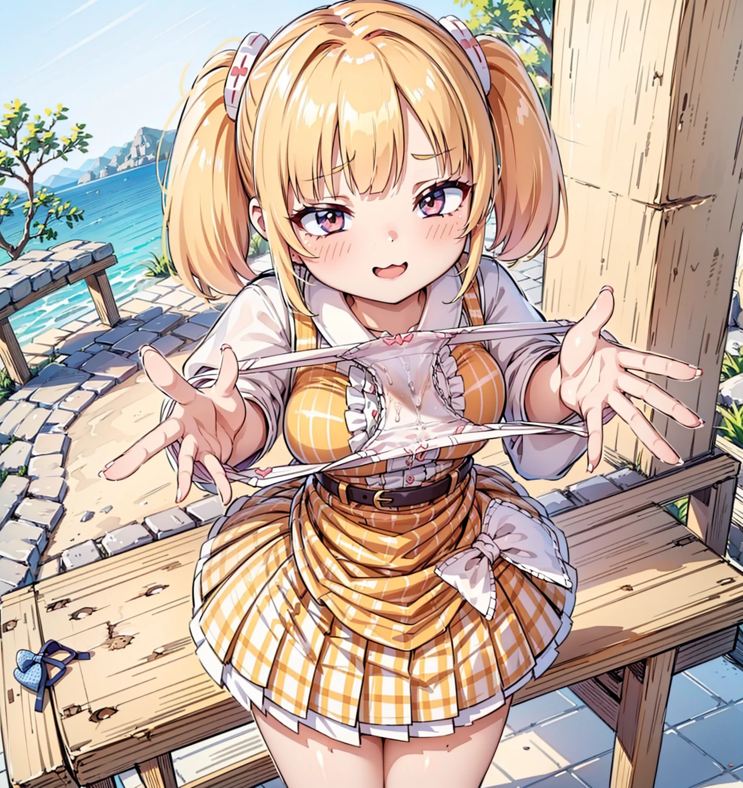 bionde, {{{Half Twin Tail:1.3}}}、shirt, blush, white shirt, hair ornaments, Manicure, Plaid skirt, Pleated skirt,
,Pay attention to the panties,
Looking down,View your audience,Panties as a gift,Tabletop, Highest quality, Perfect Skin, Detailed skin texture, Super detailed, 8K, Intricate details, Beautifully detailed face,High resolution,
Looking down at the viewer, masterpiece, (Panties are stained with pee)、(Pussy、Love Juice)、(body odor),perfect hands,(((1 girl,alone)))