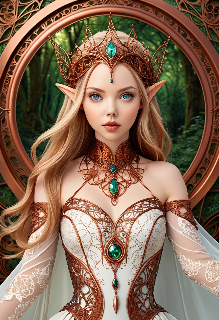 Steampunk elven princess. copper wire necklaces and bangles. Crown of fine copper wire. copper coloured tatoos cover her face and body intricate and beautiful designs. LArge pointed ears that end in curlicues. Hands on hips. Ember colored eyes adorned with intricate copper wireing. a Pure white dress, hemmed with copper, covered in copper lace and filligree. cppper designs cover the skirt in a kaleidoscope of intricate copper designs. Background is and elven castle at one with a verdant forrest. Her visage is a mesmerizing blend of Alison-Brie, Scarlett-Johansson, and Dove-Cameron, creating a unique, symmetrical face that exudes elegance and grace.