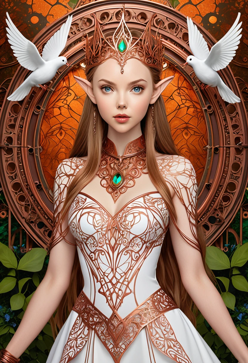 Steampunk elven princess. copper wire necklaces and bangles. Crown of fine copper wire. copper coloured tatoos cover her face and body intricate and beautiful designs. LArge pointed ears that end in curlicues. Hands on hips. Ember colored eyes adorned with intricate copper wireing. a Pure white dress, hemmed with copper, covered in copper lace and filligree. cppper designs cover the skirt in a kaleidoscope of intricate copper designs. Background is and elven castle at one with a verdant forrest. Her visage is a mesmerizing blend of Alison-Brie, Scarlett-Johansson, and Dove-Cameron, creating a unique, symmetrical face that exudes elegance and grace.
