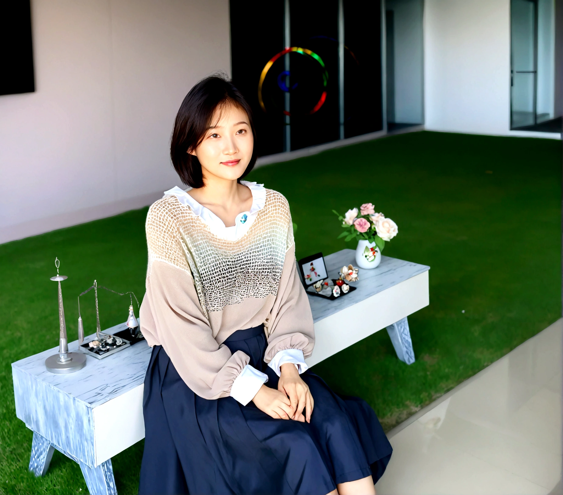 Close up of beautiful Korean woman, Short hair, Chest size 34 inches, Wear a long-sleeved shirt, skirt, in the office, bokeh background, sitting on the green grass in the park. sound