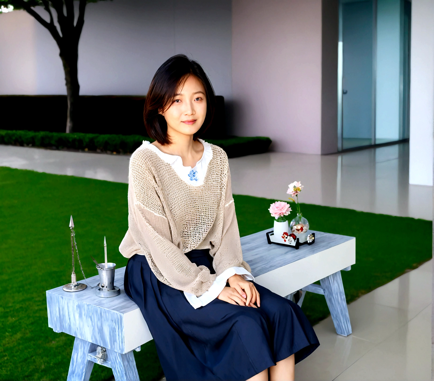 Close up of beautiful Korean woman, Short hair, Chest size 34 inches, Wear a long-sleeved shirt, skirt, in the office, bokeh background, sitting on the green grass in the park. sound