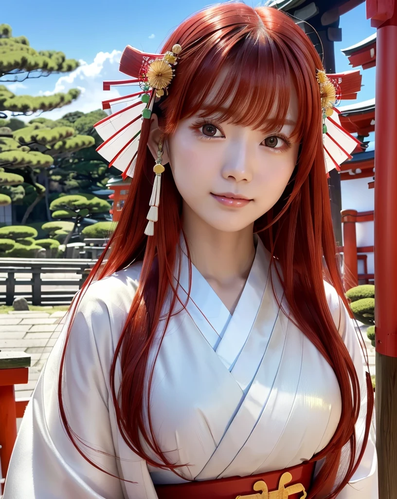 (Highest quality), (32k), (High resolution), (Masterpiece:1.5), marimo_jet, god々A photograph with brilliant dazzling and healing power., Evoking a sense of calm and elusive beauty, Expressing emotions, Have a rich imagination,Beautiful Japanese Girls, An exceptionally beautiful face, Small Face Beauty, Perfect Human Anatomy, Magical big eyes, Motherhood and generosity, Deep Love, fleeting smile, ((Shiny Red Hair:1.4)), Super Long Straight Silk Hair, Asymmetrical bangs, Hair between the eyes, Transparent, soft white skin, Sharp eyebrows, Thin lashes, Natural Makeup, Cheek highlighter, Detailed lips, ((Japanese traditional shrine maiden clothing:1.5)), Slim figure with ample breasts, ((Detailed sky background:1.3)), Dazzling Sun, Professional Lighting, Professional photographer, Professional models, god秘的