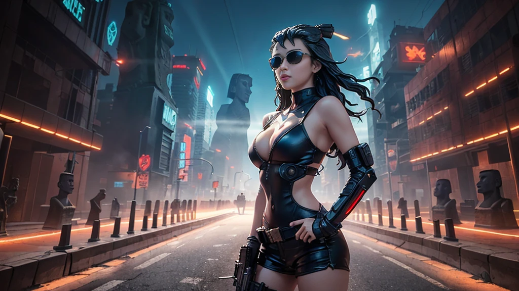 At night, dark sky, aerial view of fantasy cyberpunk style ((Moai-statue)) city, ((flying vehicle)). ((1girl, solo, alone)), photo realistic, medium-breast:1.1 slim body, cleavage, sexy clothes, (black sunglasses), (((hip-up standing and pistol aiming pose))), half-body thigh level medium shot, cinematic lighting.