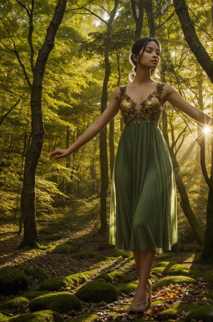 A whimsical large figure composed of delicately arranged autumn leaves, poised in a carefree dance in an old moss-covered setting against the backdrop of a lush, vibrant forest, where sunlight streaming through above casts intricate shadows . The overall aesthetic is ethereal, with warm, earthy tones of amber and olive green, along with hints of emerald and golden light, creating a sense of wonder and enchantment, as if plucked from a fantasy realm.