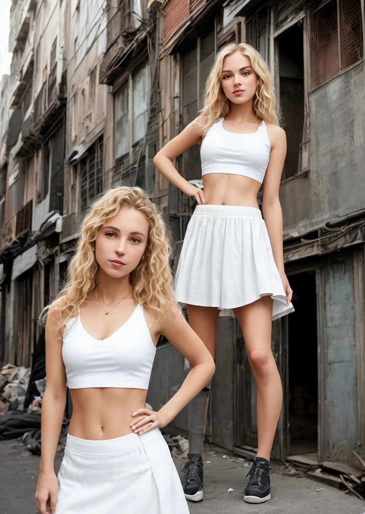 Portrait of a young very cute white woman with long blonde, sleeveless, wavy hair standing bare midriff, short white skirt, New York street slums with the early evening clearly visible background